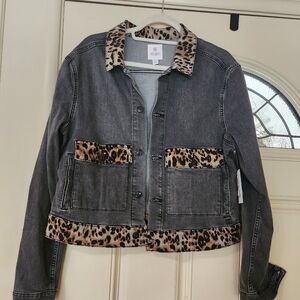Denim jacket with animal.print trim